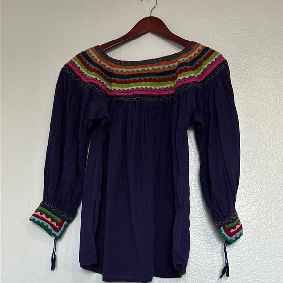 Blue and Yellow Puff Sleeve Smocked Blouse - Picture 2 of 5